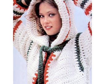 Modello all'uncinetto per cappotto con cappuccio, cappotto largo con bordo a righe, maglione lungo PDF da scaricare - C293