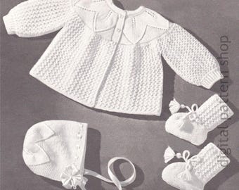 Vintage Baby Knitting Pattern Sweater Bonnet Booties Leaf & Lace Pattern PDF Instant Download 3 Months K21