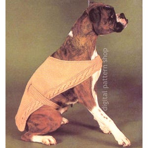 May include: A brindle Boxer dog wearing a tan knitted sweater with a cable knit design. The dog is sitting on a green background. The text "digital pattern shop" is visible on the right side of the image.