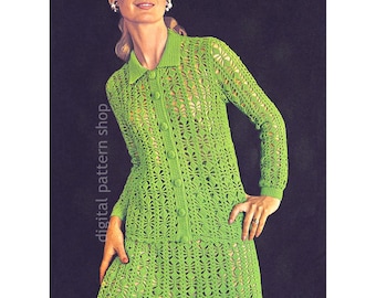 Modello all'uncinetto per giacca e gonna, giacca abbottonata in pizzo vintage e minigonna per donna PDF Download C374