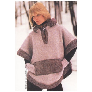 May include: A knitted poncho with a hood, a large pocket, and a button closure at the neck. The poncho is a light pink color with brown accents.