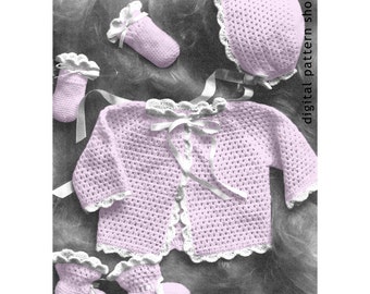 Baby Crochet Pattern Easy Sweater Hat Mitts Booties Pattern Shell Trim PDF Download C03