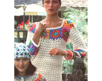 Crochet Top Pattern Vintage Granny Square Top Crochet Pattern Womens Pullover Sweater Beach Cover Jumper Instant Download PDF Pattern- C134