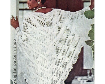 Vintage 1970s Crochet Shawl Pattern- Womens Oversize Ruffle Wrap Shawl Crochet Pattern PDF Instant Download C24