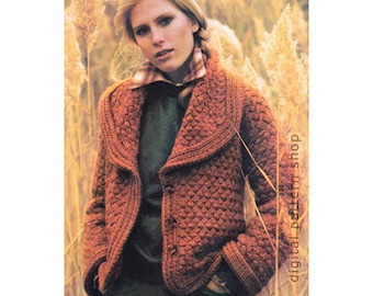 Patrón de punto para abrigo tipo suéter para mujer, cárdigan grueso con botones al frente, patrón de tejido de cesta, blazer con cuello ancho, descarga en PDF -K89