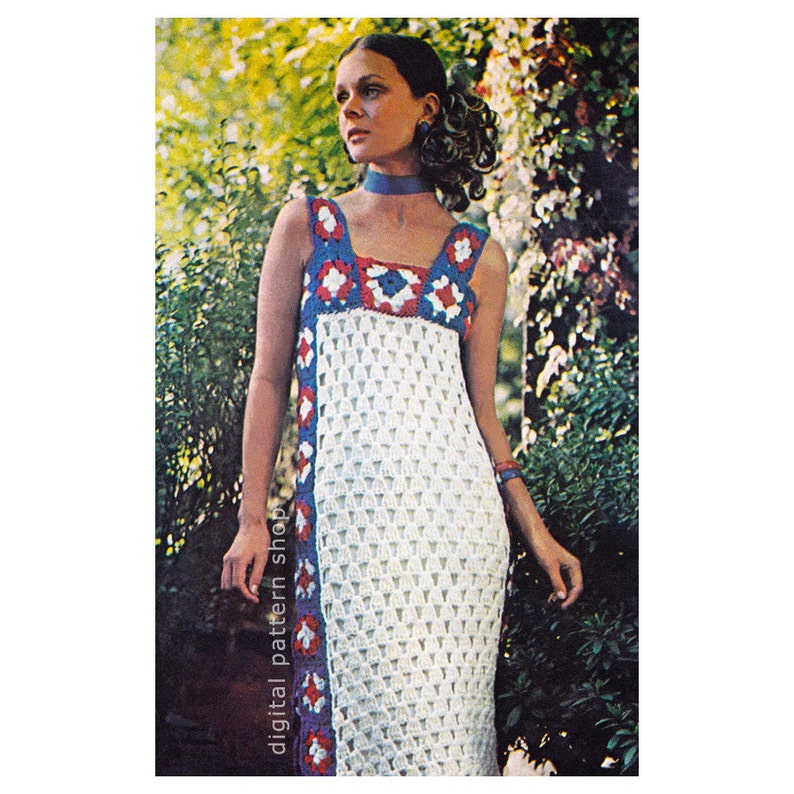 Crochet Dress Pattern Granny Square Dress Crochet Pattern Womens Maxi Gown, Red White and Blue Instant Download PDF Pattern- C142 