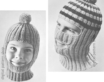 Modello per cappello a casco anni '60 da lavorare a maglia, berretto invernale vintage lavorato a maglia, passamontagna da sci, download PDF per adulti e bambini - K178