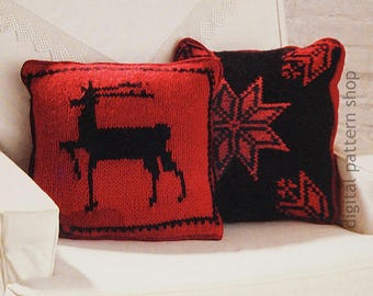Snowflake & Reindeer Pillow Knitting Pattern, Vintage Christmas Throw Cushions, Winter Holiday Decor PDF Download - K254