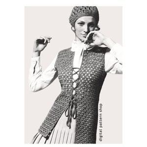 Crochet Pattern Cloche Hat & Vest, Vintage Hippie Boho Vest, Matching Hat Pattern PDF Instant Download Size S M L- C65