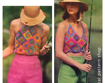 70s Vintage Granny Square Halter Top Crochet Pattern Hippie Top Pattern Instant Download PDF Pattern - C22