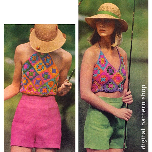 70s Vintage Granny Square Halter Top Crochet Pattern Hippie Top Pattern Instant Download PDF Pattern - C22