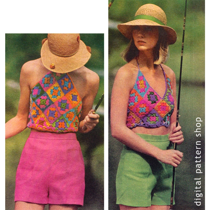 40 Crochet Halter Tops with Lace, Mesh, and Granny Squares 22 70s Vintage Granny Square Halter Top Crochet
