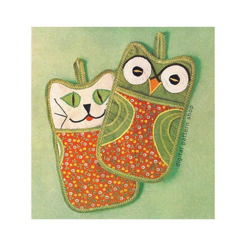 1960s Vintage Owl & Cat Potholder Sewing Pattern Owl, Cat Hot Pad