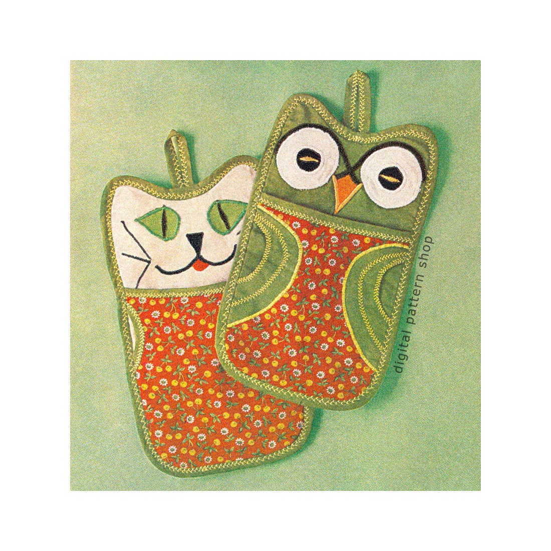 1960s Vintage Owl & Cat Potholder Sewing Pattern Owl, Cat Hot Pad ...