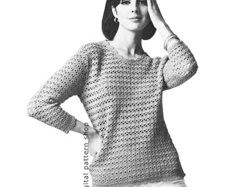Modelo de suéter de crochê feminino, blusa pulôver vintage em ponto concha para download em PDF - C143