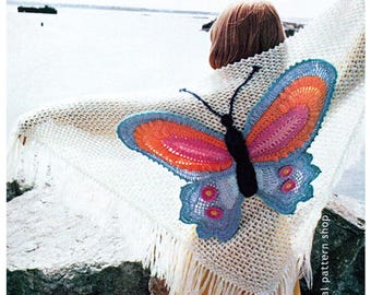 Butterfly Shawl Crochet Pattern, 70s Vintage Shoulder Wrap PDF Download C75