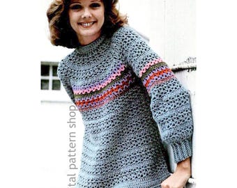 Modello vintage all'uncinetto per top a grembiule, maglione a maniche lunghe con texture, maglione leggero (download PDF - C313)
