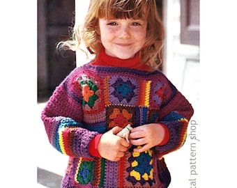 70s Kids Crochet Sweater Pattern, Colorful Granny Square Mosaic Sweater, PDF Download C271