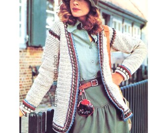 Wzór na szydełkową kurtkę z lat 70., kardigan w stylu vintage z bufiastym brzegiem, otwarty, do pobrania w formacie PDF - C354