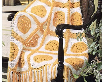 Lacy Medallion Crochet Afghan Pattern, Vintage Granny Square Blanket Instant Download PDF- C352