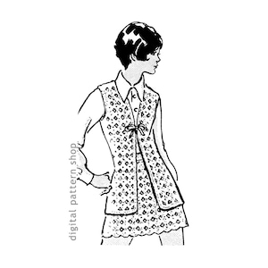 May include: Black and white line drawing of a woman wearing a sleeveless vest and skirt with a geometric pattern. The vest has a bow tie at the neckline. The woman has short hair and is standing with her hand on her hip.