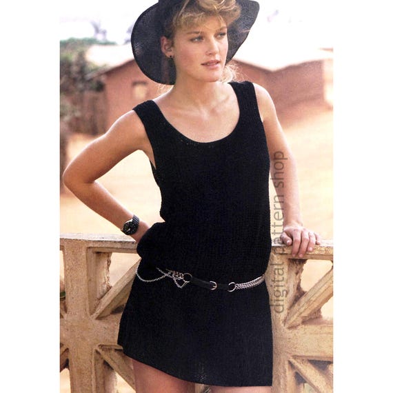 Mini Dress Knitting Pattern, 80s Vintage Scoop Neck Tank Dress or Long  Tunic Top PDF Download - K246