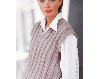 Wzór na kamizelkę z warkoczami, sweter bez rękawów dla kobiet i mężczyzn, obwód klatki piersiowej 36-42 cale, wzór PDF do pobrania natychmiast - K252