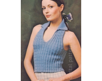 70s V-Neck Halter Top Knitting Pattern, Vintage Halter in Broken Rib Stitch Instant Download PDF Pattern - K161