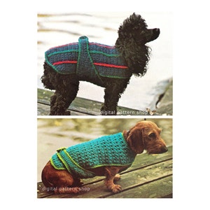 Two 1970s Vintage Dog Sweater Crochet Patterns Easy Striped Dog Coat & Patterned Dog Coat Pattern DIY Instant Download C127