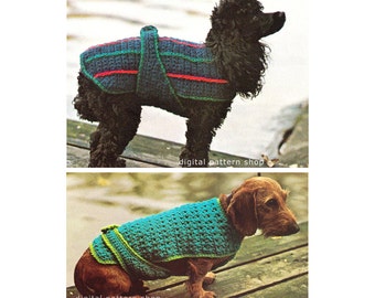 Dois padrões de crochê para suéter de cachorro vintage dos anos 1970, casaco listrado fácil para cachorro e padrão de casaco de cachorro estampado, faça você mesmo, download instantâneo C127