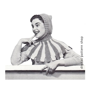 May include: A vintage knitting pattern for a hooded cowl with a striped design. The pattern is for a woman's cowl and features a hood with a pointed top. The cowl is knitted in a variety of colors, including white, gray, and pink.