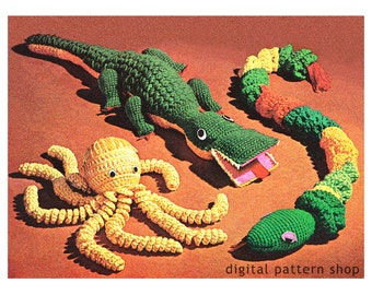 Crochet Toy Pattern Alligator Snake & Octopus Stuffed Toy Vintage 1970s Amigurumi Pattern C51