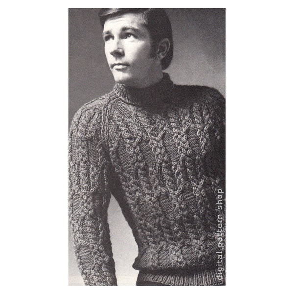 Knit Sweater Pattern for Men, Braided Cable Raglan Sweater Knitting Pattern, Turtleneck Pullover Sweater Pattern PDF Instant Download - K73