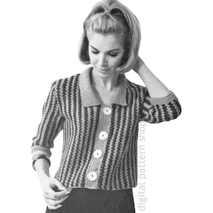 May include: A black and white striped cardigan with a collar and large white buttons. The three-quarter sleeve sweater is buttoned up. The image is a vintage digital pattern shop advertisement.