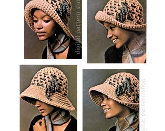 Cloche Hat Häkelanleitung, Vintage Hut mit Krempe für Frauen, Worsted oder Sport Garn Instant Download PDF Pattern - C305