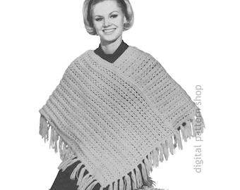 Eenvoudig poncho-breipatroon jaren 70, open gebreide poncho voor dames klein medium groot pdf Direct downloaden K173