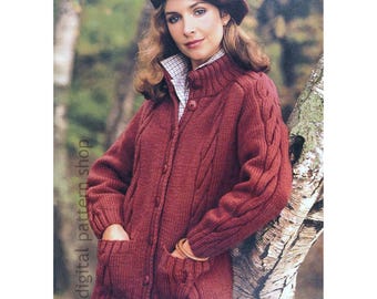 Cable Jacket Knitting Pattern, Car Coat for Women, Buttoned Bulky Cardigan PDF Download - K237