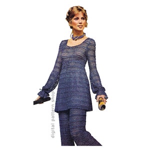 Crochet Tunic & Pants Suit Pattern Vintage Empire Top and Trousers Crochet Pattern Scoop Neck Mini Dress PDF Download Size 6 to 16- C147