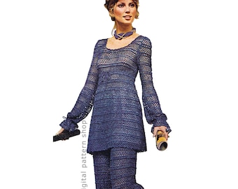 Crochet Tunic & Pants Suit Pattern Vintage Empire Top and Trousers, Scoop Neck Mini Dress PDF Download - C147
