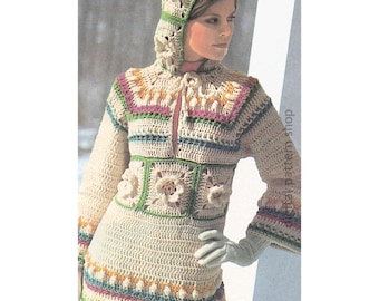 Hooded Sweater Crochet Pattern, Vintage Hoodie Pullover Top, Flower Motif Jumper PDF Download - C282
