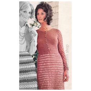 70s Dress Crochet Pattern, Button Bodice Dress Mesh Skirt and Sleeves Pattern Instant Download PDF Pattern- C245