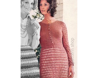 70s Dress Crochet Pattern, Button Bodice Dress Mesh Skirt and Sleeves Pattern Instant Download PDF Pattern- C245