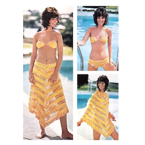 May include: A yellow crochet bikini set with a matching crochet skirt and poncho. The bikini top has a triangle shape and the bottom is a high-waisted style. The skirt is a long, flowing style with a fringe trim. The poncho is a loose-fitting style with a fringe trim.