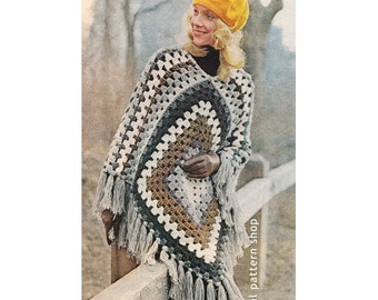 1970s Vintage Crochet Poncho Pattern Easy Granny Square Poncho Crochet Pattern PDF Instant Download - C55