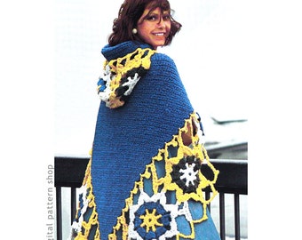 Patrón de ganchillo para poncho con capucha, chal con estampado floral vintage y capucha (descarga en PDF) - C194