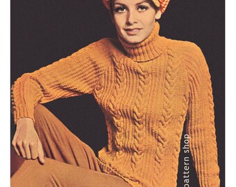 1960er Jahre Zopfmuster Rollkragenpullover Muster - Raglan Ärmel Pullover - PDF K33
