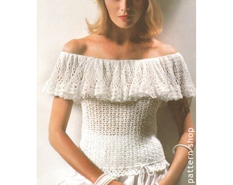 Crochet Top Pattern 1970s Vintage Ruffle Off Shoulder Top Crochet Pattern Bardot Top PDF Instant Download Womens Size 8 to 16 - C39