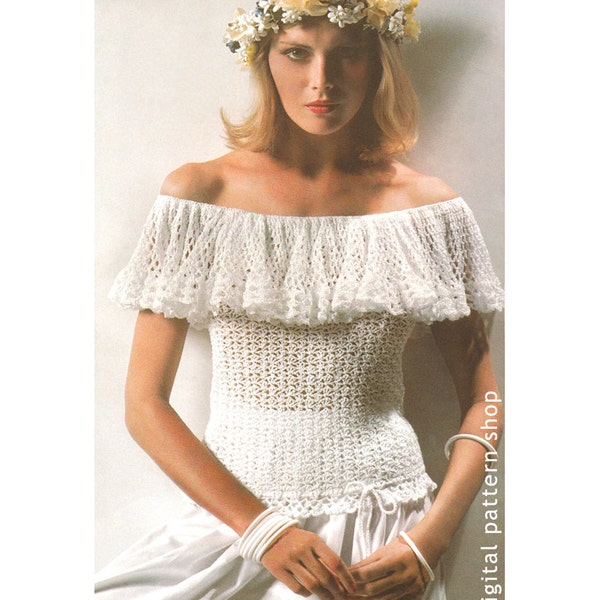 Crochet Top Pattern 1970s Vintage Ruffle Off Shoulder Top Crochet Pattern Bardot Top PDF Instant Download Womens Size 8 to 16 - C39