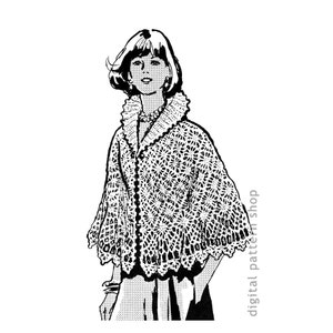 May include: Black and white line drawing of a woman wearing a crocheted cape with a scalloped edge. The cape has a high collar and a button closure. The woman is wearing a necklace and has short hair.