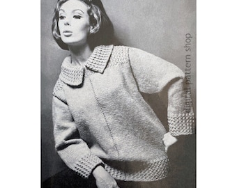 60s Jacket Knitting Pattern, Vintage Zipper Front Collar or Hoodie Sweater PDF Download - K154